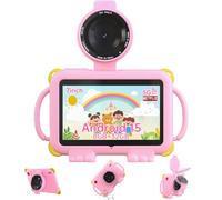 Peicheng Tablet for Kids, 7Inch IPS Display, 3+5GB RAM+32GB ROM+1TB Expandable, Shockproof Case with Handles, Parental Control, Educational Entertainment Apps, Dual Cameras (90° Rotatable Lens) (Pink)