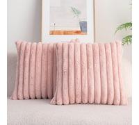 PEIHUODAN 2 Pieces Plush Faux Fur Throw Pillow Covers, Solid Color Decorative Cushion Covers Striped Plush Design Modern Throw Pillow Covers (No Pillow Core) (Pink,30×50cm/12×20inch)