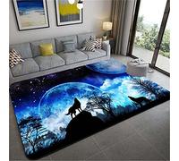 PEIHUODAN 3D Animal Carpet Large Area Rugs Nature Landscape Wolf Forest Printing Flannel Sponge Living Room Rug Blue Grey Moon Wolf Boy Men's Bedroom Rug Doormat Soft Crawling Mat (Blue,60x90 cm)