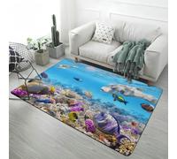PEIHUODAN 3D Undersea World Area Rug Flannel Modern Decor Blue Large Living Room Carpet Coral Reef Tropical Fish Landscape Soft Non-slip Carpet Suitable for Kids Bedroom Playroom (Color 6,50x80 cm)