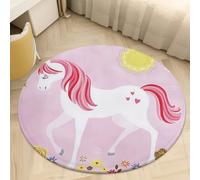 PEIHUODAN Round Carpet Cartoon Unicorn Pattern Flannel Fluffy Girls Bedroom Decorative Area Rug Floral Rainbow Unicorn Doodle, Kids Play Rug, Folding Floor Mats (Pink,60 cm)