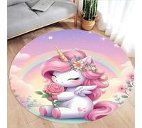 PEIHUODAN Round Unicorn Pattern Rug, Pink Rainbow Design, 140cm, Soft Polyester, Low Pile, 1.3 Kilograms