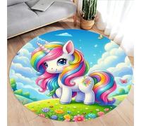 PEIHUODAN Round Unicorn Pattern Rug, Soft Polyester with Rainbow Design, Non Slip, 150cm, Low Pile, 1.3 Kilograms