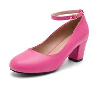Peijely Women's Ankle Strap Heels Removable Bow Closed Toe Low Chunky Heels Pumps Mary Jane Dress Shoes, Hot Pink Matte, 9.5 UK