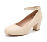 Peijely Women's Ankle Strap Heels Removable Bow Closed Toe Low Chunky Heels Pumps Mary Jane Dress Shoes, Nude Matte, 3 UK