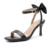 Peijely Women's Bow Ankle Strap Heeled Sandals, Open Square Toe, 3-Inch Strappy Slingback Heel, Summer Dress Shoes, Black Matte, 7.5 UK