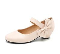 Peijely Women's Bow Mary Jane Low Chunky Heel Pumps Ankle Strap Side Bow Round Toe Dress Wedding Party Shoes, Nude Matte, 5.5 UK