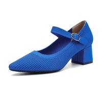 Peijely Women's Pumps Knit Low Chunky Mary Jane Heels Pointed Closed Toe Comfortable Work Dress Shoes, Royal Blue, 8 UK