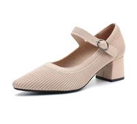 Peijely Women's Pumps Knit Low Chunky Mary Jane Heels Pointed Closed Toe Comfortable Work Dress Shoes, Nude, 9 UK