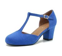 Peijely Womens T Strap Mary Jane Shoes Chunky Block Heel Ankle Strap Buckle Dress Pumps, Royal Blue Suede, 4 UK, GG0191VSB3601SYUS