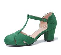Peijely Womens T Strap Mary Jane Shoes Chunky Block Heel Cut Out Ankle Strap Buckle Dress Dance Pumps, Suede Green, 4 UK