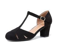 Peijely Womens T Strap Mary Jane Shoes Chunky Block Heel Cut Out Ankle Strap Buckle Dress Dance Pumps, Suede Black, 6 UK