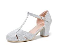 Peijely Womens T Strap Mary Jane Shoes Chunky Block Heel Cut Out Ankle Strap Buckle Dress Dance Pumps, Glitter Silver, 12