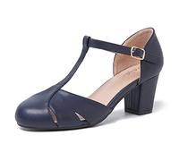 Peijely Womens T Strap Mary Jane Shoes Chunky Block Heel Cut Out Ankle Strap Buckle Dress Dance Pumps, Matte Navy, 5.5 UK