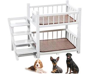 peilouw Solid Wood 2 Layer Dog Bunk Beds,Removable Pet Bunk Bed with Fence,Double Layer Cat Bed with Stairs,Dog Window Perch for Small and Medium-Sized Dogs and Cats(19.3″W×15″D×19.7″H, White)