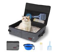 Peipaws Portable Litter Box for Cats for Travel with Zipper Leak-Proof Lid, Double Carry Handles, Collapsible Litter Box for Cats, Waterproof. Includes Bonus Water Bowl+Scooper+Poop Bags (Gray,L)