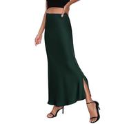 PEIQI 2025 Women's Satin High Waisted Maxi Skirts Summer Fall Silk Cocktail Party Flared Casual A Line Skirt, Dark Green, M