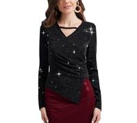 PEIQI Women's Rhinestone Top Long Sleeve Shimmer Glitter Sparkly Blouse for Cocktail Party Evening Shirts, Black, M