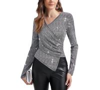 PEIQI Women's Rhinestone Top Long Sleeve Shimmer Glitter Sparkly Blouse for Cocktail Party Evening Shirts, Silver Grey, S