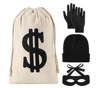 Peirich 4 Pack Burglar Costume Set, Include Canvas Dollar Sign Money Bags Bandit Eye Mask Knit Beanie Cap for Halloween Cosplay Burglar Theme Party