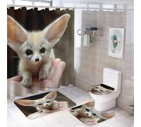peiyeety 4 Pc Fennec Fox Cute Shower Curtain + Bath Mats Set, Water Repellent Spa Curtain Absorbent Plush Carpet Mats