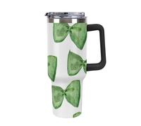 peiyeety 40 Oz Tumbler with Handle and Straw, Large Big Stainless Steel Vacuum Insulated Tumbler Iced Coffee Cup Water Bottle Travel Mug (Black Handle) Green Bow Tie