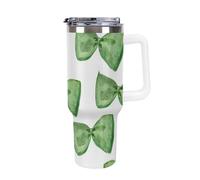 peiyeety 40 Oz Tumbler with Handle and Straw, Large Big Stainless Steel Vacuum Insulated Tumbler Iced Coffee Cup Water Bottle Travel Mug(White Handle) Green Bow Tie