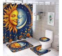peiyeety 4Pcs Mystical Sun Moon Abstract Pattern Shower Curtain 72W X 72L, Toilet Lid Cover Non-Slip Rugs and U-Shaped Mat, Magic Marigold Vine Folk Art Bathroom Decor Set with 12 Hooks