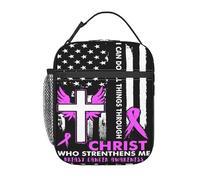 peiyeety All Things Strong Christ Breast Cancer Awareness Ribbon Portable Lunch Bag Reusable Zipper Closure Leakproof Lunch Box for Work Office Picnic