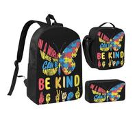 peiyeety Autism Awareness Be Kind Kindness 17 Inch Backpack Sets Lunch Bag Lightweight Daypack for Men Women 3Pcs