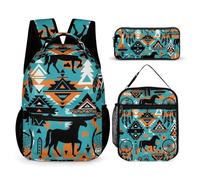 peiyeety Backpack Book Bags with Lunch Box Storage Bag Backpack Set Daypack with Lunch Bag and Cosmetic Bags (Dream Catcher Western Southwest Aztec Horse Art)