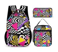 peiyeety Backpack Bookbag Set Backpack with Lunch Box and Makeup Bag Travel Bookbag Daypack Set (Black And White Checkered Retro 80s 90s (2))