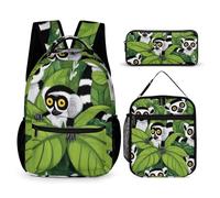 peiyeety Backpack Bookbag Set Tropical Green Leaves Exotic Jungle Animal Lemurs Monkey Backpack with Lunch Bags and Makeup Bag Shoulder Bag with Lunch Box Storage Bags