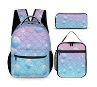 peiyeety Backpack Lightweight Mermaid Scale (3) Bookbag with Lunch Box Storage Bags Backpack Set Daypack with Lunch Bag and Cosmetic Bag