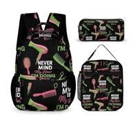 peiyeety Backpack Lightweight Never Mind My Hair I'm Doing Yours Barber Quote Bookbag with Lunch Box Storage Bags Backpack Set Daypack with Lunch Bag and Cosmetic Bag