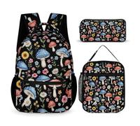 peiyeety Backpack with Lunch Bag & Storage Bag Bookbag Set Mushroom (12) Backpack Bookbag Set with Lunch Box Cosmetic Bags