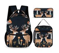 peiyeety Backpack with Lunch Box Storage Bag Wild Animals Deer Rabbit Magic Mushrooms (1) Bookbag Set Backpack Lunch Box and Cosmetic Bag Bookbag Set