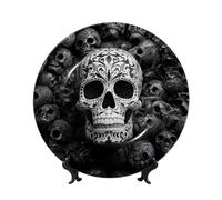 peiyeety Bone China Decorative Plate with Display Black and White Skulls Ceramic Plates Crafts Art Decor Dessert Ceramic Ornament Porcelain for Living Room Kitchen Table Home Decor