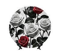 peiyeety Bone China Decorative Plate with Display Black White and Red Roses Ceramic Plates Crafts Art Decor Dessert Ceramic Ornament Porcelain for Living Room Kitchen Table Home Decor