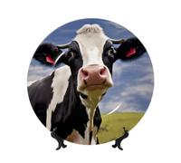 peiyeety Bone China Decorative Plate with Display Black White Cow Ceramic Plates Crafts Art Decor Dessert Ceramic Ornament Porcelain for Living Room Kitchen Table Home Decor