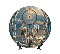 peiyeety Bone China Decorative Plate with Display Native American Dream Catcher Ceramic Plates Crafts Art Decor Dessert Ceramic Ornament Porcelain for Living Room Kitchen Table Home Decor