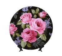 peiyeety Bone China Decorative Plate with Display Pink Rose Ceramic Plates Crafts Art Decor Dessert Ceramic Ornament Porcelain for Living Room Kitchen Table Home Decor