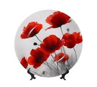 peiyeety Bone China Decorative Plate with Display Red Poppy Flower Ceramic Plates Crafts Art Decor Dessert Ceramic Ornament Porcelain for Living Room Kitchen Table Home Decor