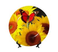 peiyeety Bone China Decorative Plate with Display Yellow Sunflowers with Red Butterfly Ceramic Plates Crafts Art Decor Dessert Ceramic Ornament Porcelain for Living Room Kitchen Table Home Decor