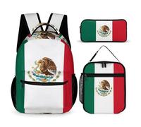 peiyeety Bookbag Set with Lunch Box Makeup Bag Backpack Set Mexican Mexico Flag Lunch Box and Storage Bag Bookbag Daypack
