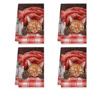 peiyeety Cat Kitchen Towels, Winter Cozy Pinecones Red Blanket Winter Red Drying Stove Side Towel Home Decor 16x26 Inch (Set of 2)
