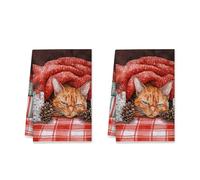 peiyeety Cat Kitchen Towels, Winter Cozy Pinecones Red Blanket Winter Red Reusable Hand Dish Towels Cottage Kitchen Decor 16x26 Inch (Set of 1)