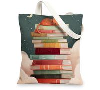 peiyeety Cat on Book Stack Canvas Tote Bag, Colorful Reusable Grocery Bags, Lightweight Artful Shoulder Strap Bags
