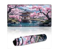 peiyeety Cherry Blossom & Traditional Japanese House Large Extended Gaming Mouse Pad 24"x12" - XXL Computer Desk Mat for Keyboard and Mouse - Non-Slip Rubber Base & Durable Stitched Edges