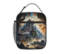 peiyeety Chinese Ancient Architecture Mountain Fog Wonderland Art Print Lunch Box Reusable Leak-Proof Portable Insulated Picnic Office Hiking Fishing Lunch Bag